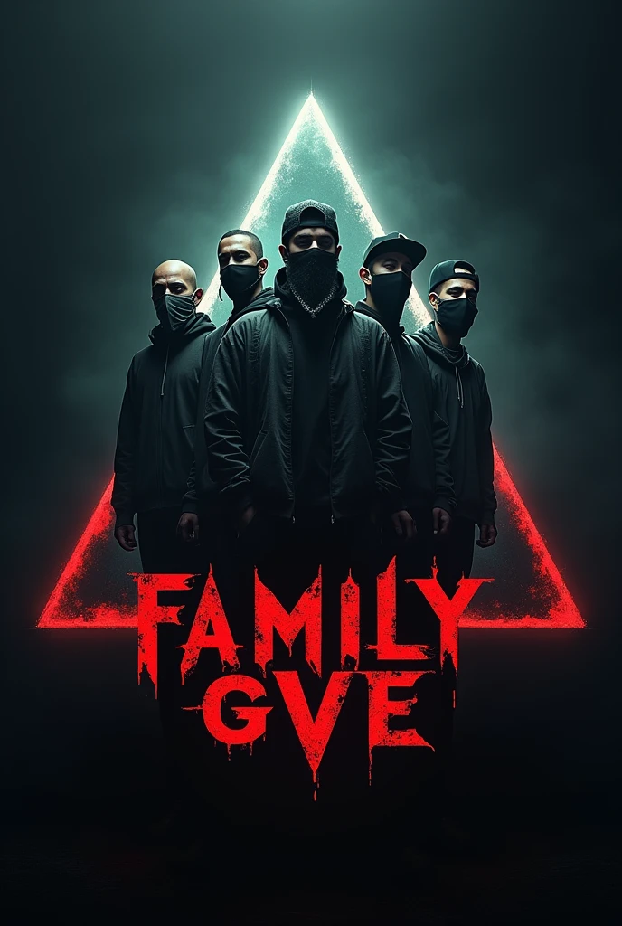 3D brand logo with title "Family Gve", inside a triangle. Sinister with illusion. Add a group of young men with gringo rapper styles with bandanas over their faces.