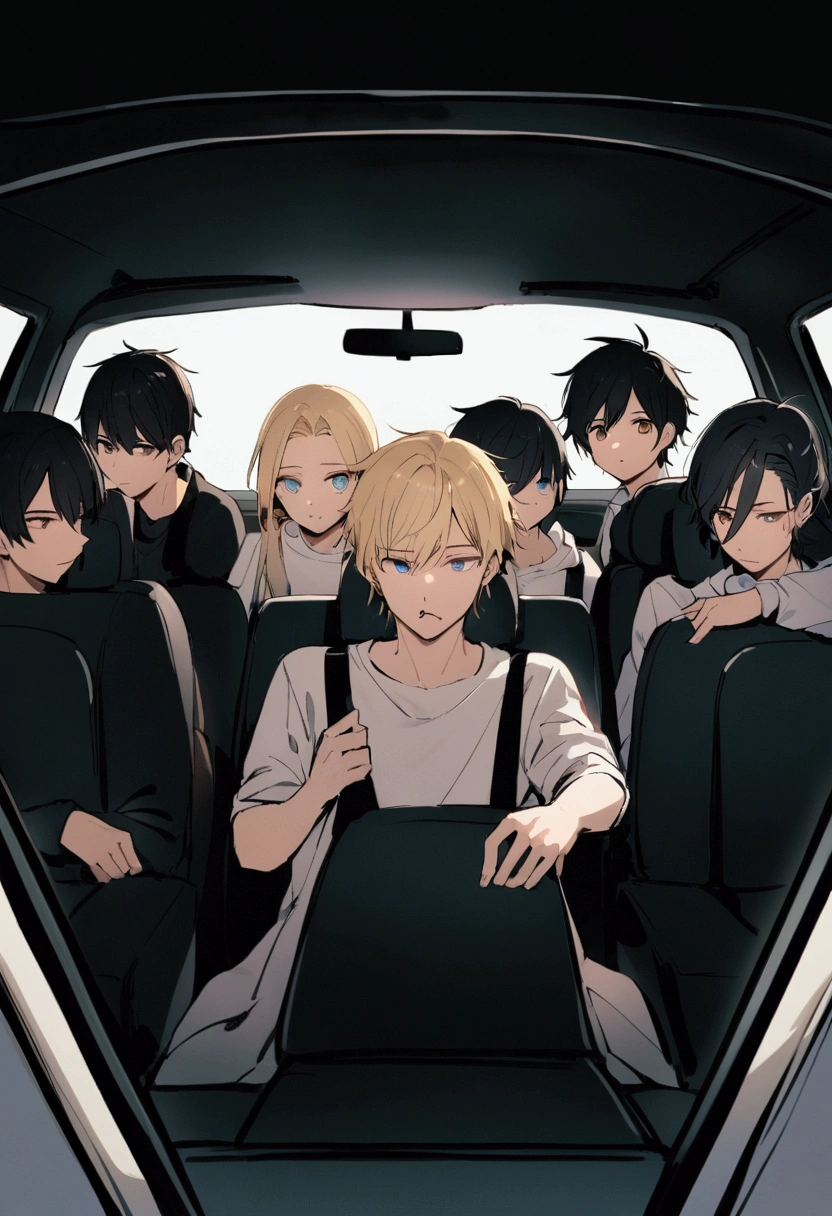 A car with five boys, seen from the front, the one driving has black hair with a piercing in his lips, the one next to you has black hair and blue eyes and is wearing a white sweatshirt, the one in the middle of the back seats is very light blond and has blue eyes, the one on your right has blond hair and brown eyes and his left arm is in a cast, and the one on the left has shoulder length hair with some blonde highlights