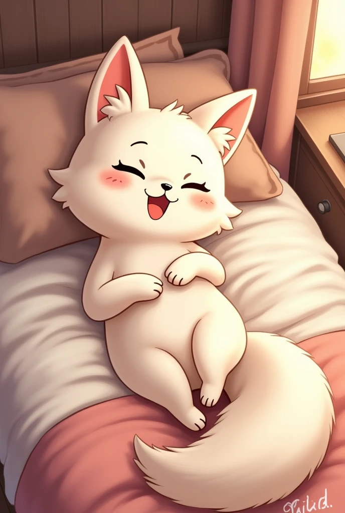 ToonyMix fox. White fur. Human body. Medium breasts. Laying on a bed