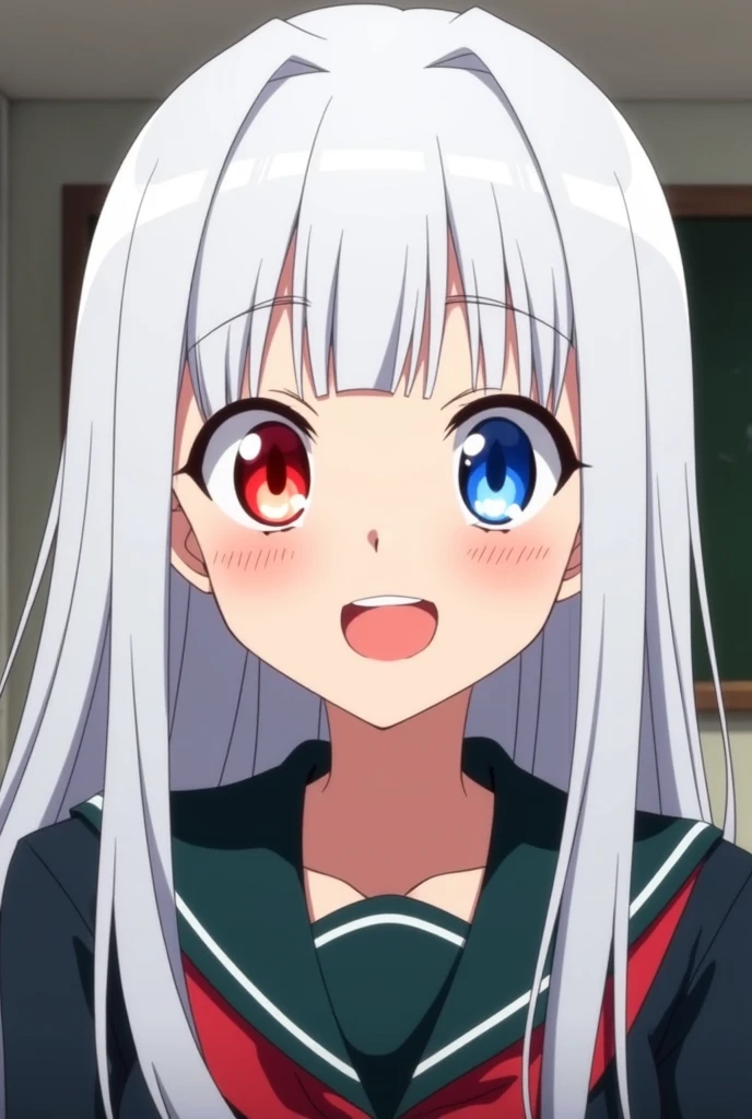 Screenshot of my hero academia Girl with straight hair and long white hair, with bangs with blue eyes and the other eye is phosphorescent red and has a cheerful experience. He is wearing the My Hero Academia uniform and in the background he is in the My Hero Academia class.. That has the drawing style of my hero academia