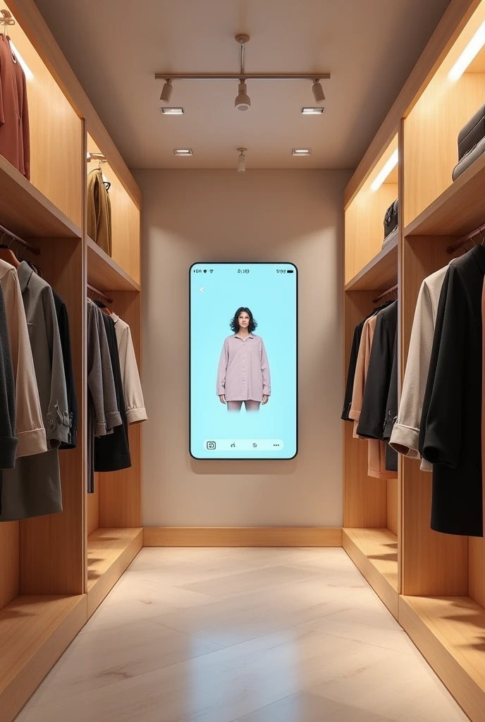 Design a small fitting room inside a store and inside the fitting room there must be a smart screen in the image, Screens should be wall mounted or integrated into the fitting room furniture, showing the option to request different sizes or colors without leaving the area. besides, The screens should offer product recommendations based on user preferences and allow shoppers to visualize how different clothing combinations would look. The fitting room environment should look modern and comfortable., with a clean design that integrates the screens in a functional and aesthetically pleasing way. It has to be a clothing fitting room, not a closet
