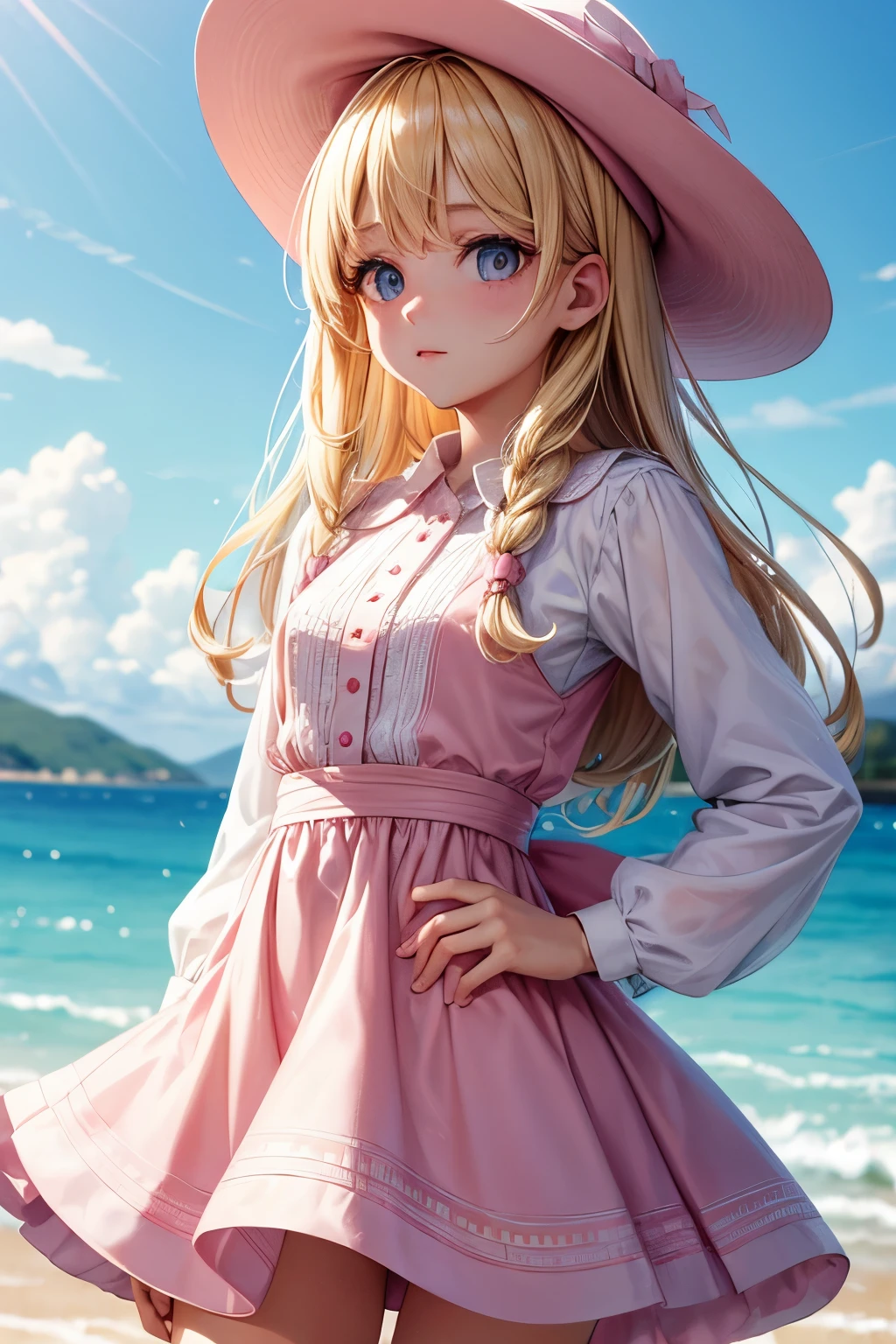 perfect white girl,pink dress,wearing a white blouse underneath,blonde,azuís eyes,pink hat