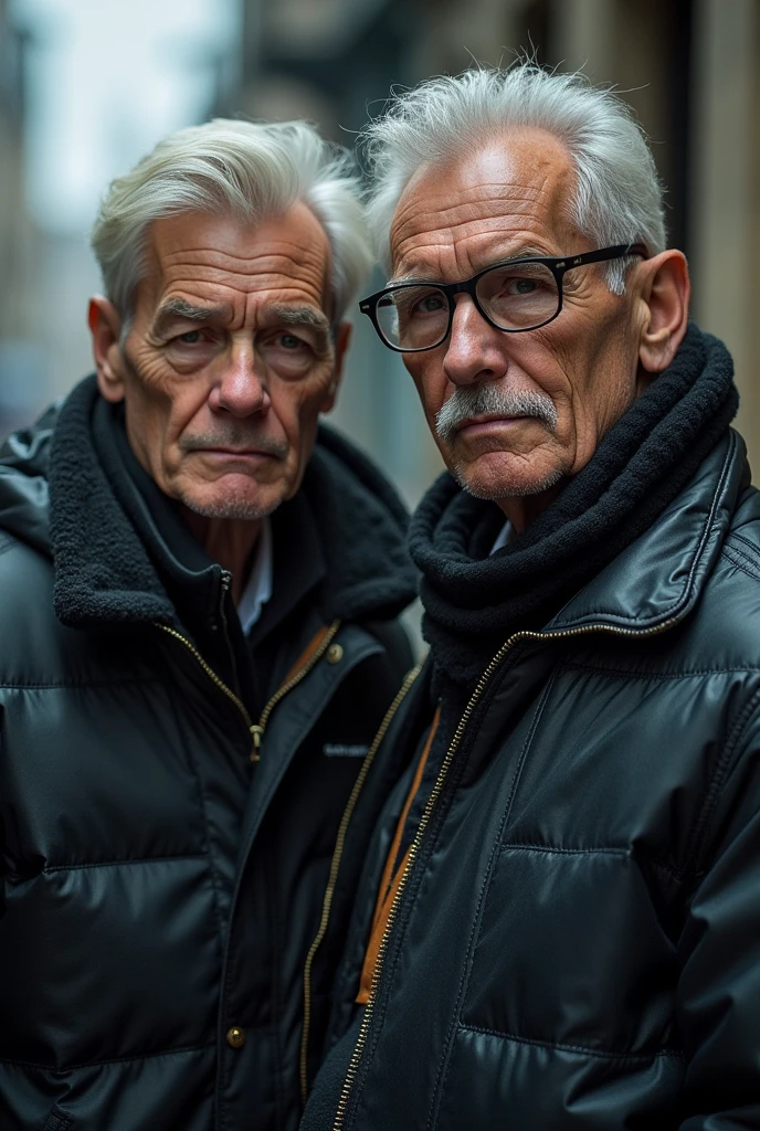 4 images of two guys like 50 years olders on a cyberpunk style 