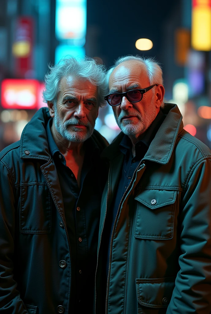 4 images of two guys like 50 years olders on a cyberpunk style 