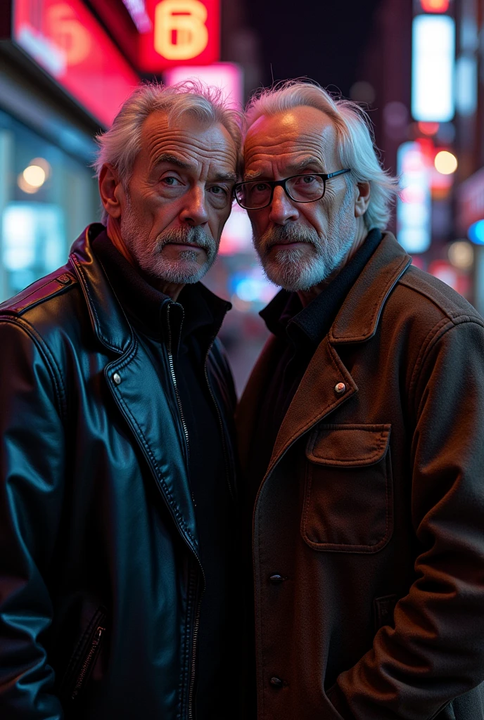 4 images of two guys like 50 years olders on a cyberpunk style