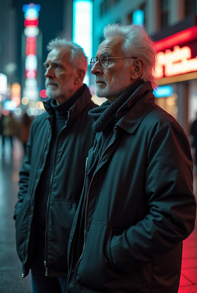 4 images of two guys like 50 years olders on a cyberpunk style