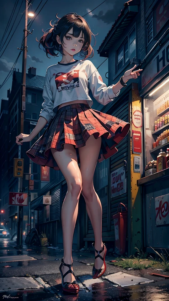 ((looking at the camera in:1.2)),(nearing perfection:1.4),dynamic,smooth private parts,Focus sharp,Lighting,Vibrant brushstrokes, bold colour,Be expressive, Emotional, offcial art,Unity8k wallpaper,ultra - detailed,Beautiful and beautiful,tmasterpiece,Best quality at best,1 girl,beautiful eyes,The content is very detailed,dynamic,(Ruffled skirt),(medium:1.3),Chaos in its most beautiful form,Elegant,designs,Vibrant colors,(Corner store,fleeing,the night,shoe),8k,