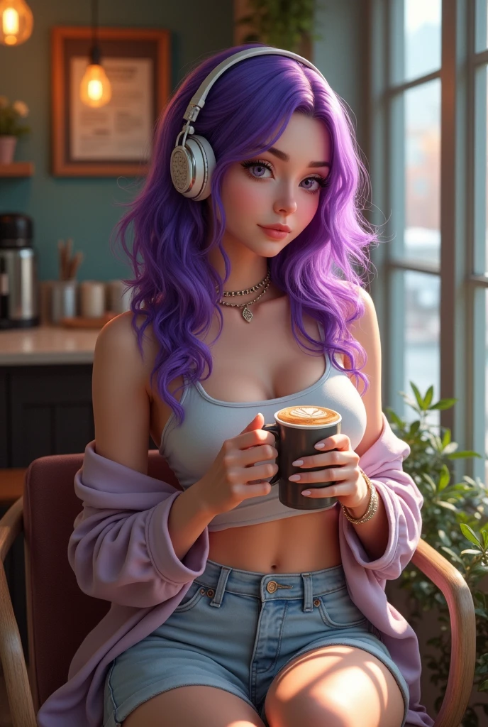 Korean purple hair butterfly woman with headphone drinking coffee in shorts and crop top