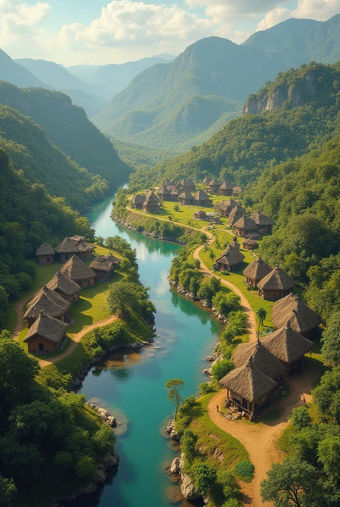 an indigenous village next to a river with comic-style agricultural centers, with agricultural fields, with indigenous houses in pre-Hispanic times