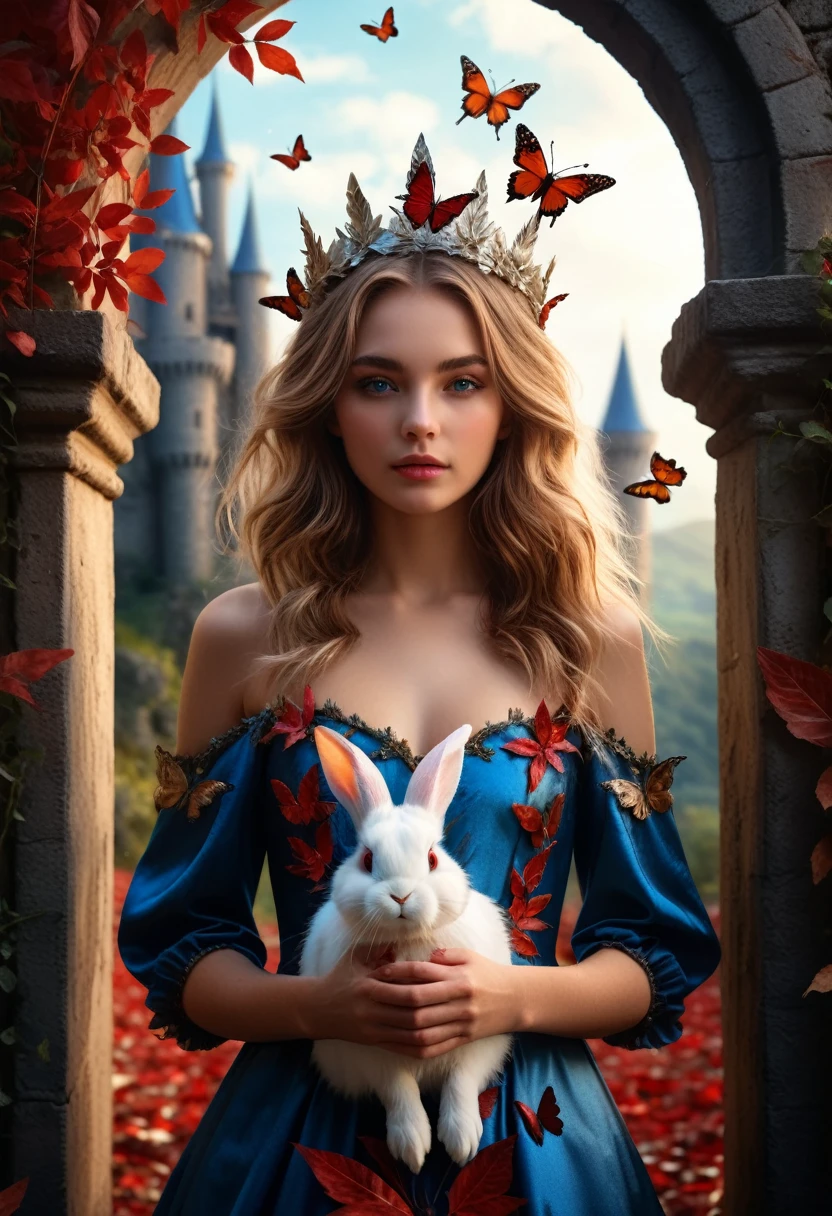 A dynamic knees-up pose of a beautiful 20-year-old girl with messy dark blonde hair, set in a mystical fantasy landscape. She is in front of a portal that leads to a magical castle, surrounded by an enchanting atmosphere. The woman has striking, detailed eyes and lips, with long eyelashes. She wears a crown of red leaves and a dress made of leaves and wildflowers, with butterflies and birds flying around her. holding a fluffy white rabbit, The image is photorealistic and hyper-detailed, with intricate details, dramatic lighting, and a cinematic composition in 4K resolution.