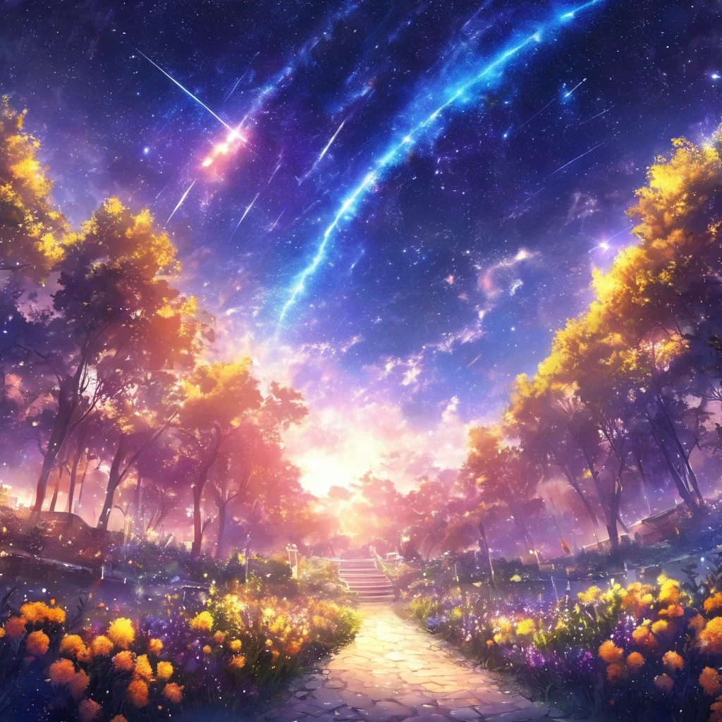 masterpiece, Concept Art, Panorama, in the center, shape, Wide Shot, night, (meteor), Space galaxy background, (Great composition, Epic scale), ((No living organisms))、meteor群, Dynamic Lighting, Bright colors, Mimosa ,landscape、The entire starry sky of the galaxy， garden,