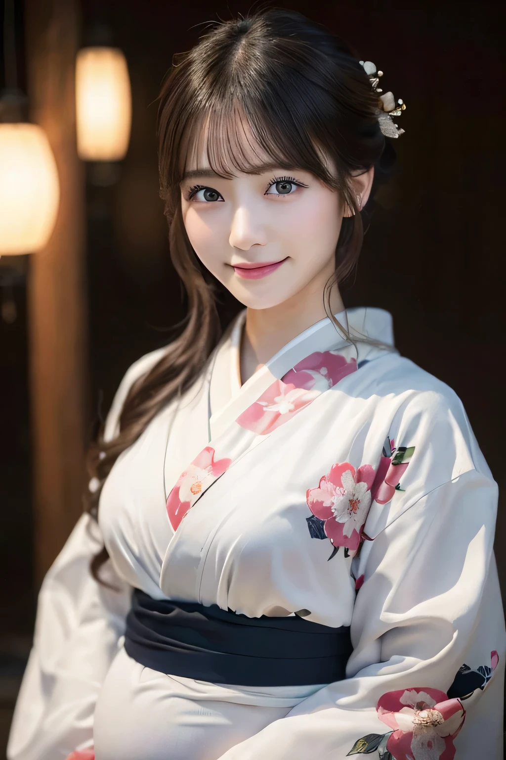 (kimono)、masterpiece、beautiful pregnant girl、Beautiful detailed eyes、highest quality, 超A high resolution, (reality: 1.4), Cinema Lighting、(Japanese Girls)、so beautiful、Beautiful Skin、(Looking at the audience)、(Surreal)、(High resolution)、(8k)、(Very detailed)、(Beautiful fine details)、(Very detailed)、 (wallpaper)、Detailed face、Bright lighting、Professional Lighting、Smile