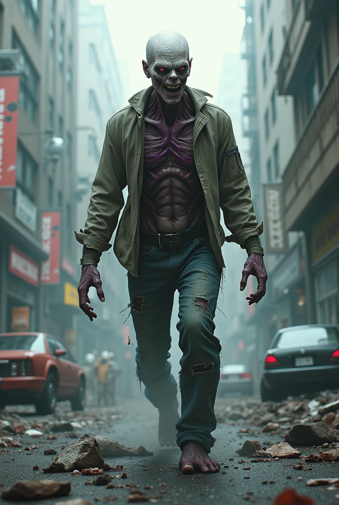 A zombie, with white skin and purple veins showing, and modern clothes in the midst of a chaotic city