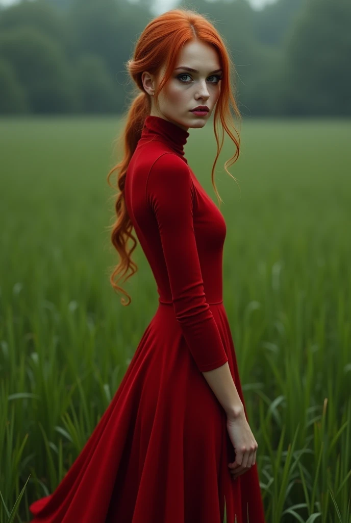 thin woman, loose red hair, thin lips, Brown eyes, bushy eyebrows, red high neck dress, in a green field