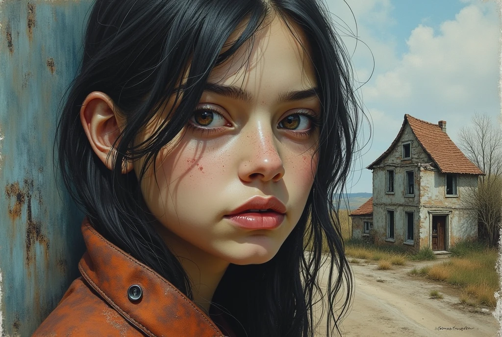 Highly detailed oil painting of a desolate  and weary girl with worn out facial features, in the style of Bill  Carman, Richard Burlet, Brian M. Viveros, Cyril Rolando, featuring  double exposure with an old and poor town,  dehazed, sharp  focus, HDR, highly detailed texture and patterns, alcohol ink  splatters, luminism, faded and muted triadic colors, perfect curved line  composition, divine proportions, cinematic, 32k, volumetric lighting,  shadow and light, watercolor, trending on artstation, sharp focus,  studio photo, intricate details, highly detailed, by Greg Rutkowski