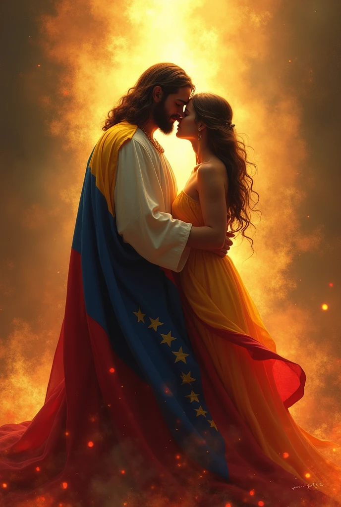 Jesus in power and light and fire embraces a woman dressed in the Venezuelan flag