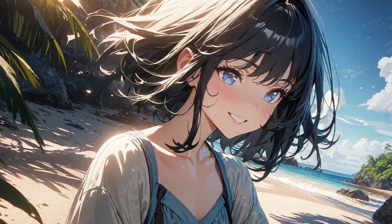 ((ultra-detailed))/ (one women with short black hair and bob hair.、beautiful blue eyes,.、smile、gentle smile on her face、flat chest, one Beautiful girl,((masterpiece, illustration, best quality) ((ultra-detailed))/), on a Philippines island beach ,濃い青とBeautiful Blueのグラデーション, High resolution, 8K HD detail, hyper-detail, cinematic, surrealism, soft light, deep field focus bokeh, ray tracing and surrealism. --v6