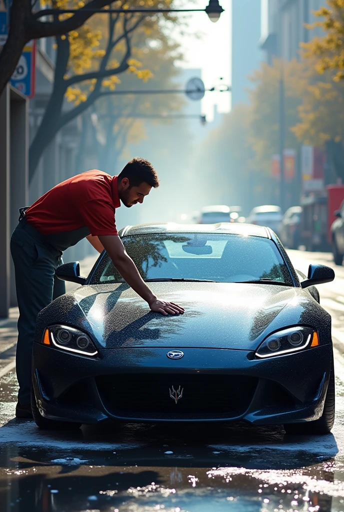 A person washing a sports car and who has the phrase &quot;Looking for an interested person for work in a car wash, weekly payment, info 34th avenue, 20th street, zone 5&quot;