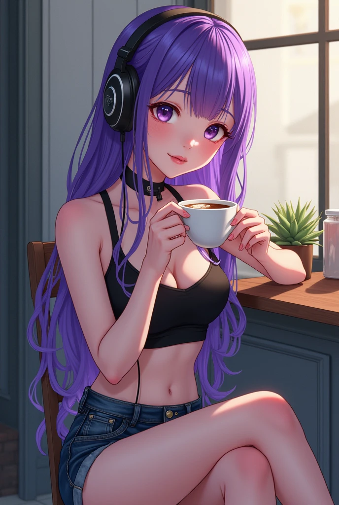 Korean purple hair butterfly woman with headphone drinking coffee in shorts and crop top