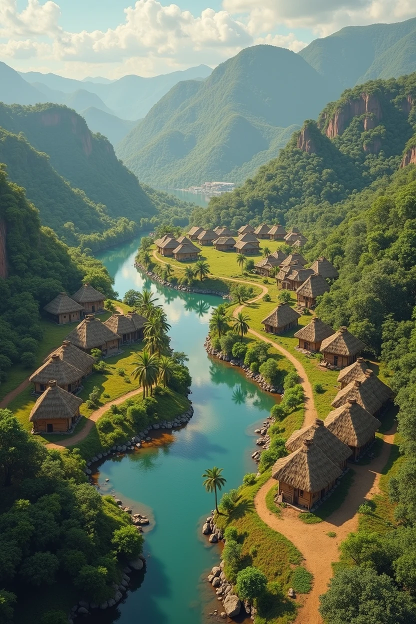 an indigenous village next to a river with comic-style agricultural centers, with agricultural fields, with indigenous houses in pre-Hispanic times