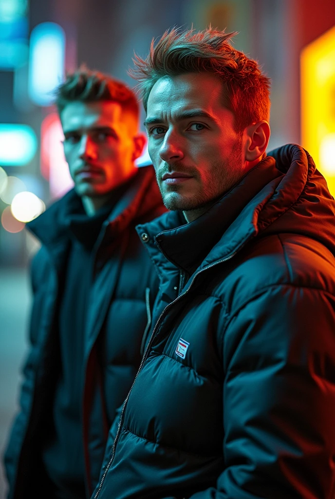 4 images of two guys like 40 years old on a cyberpunk style like heroes