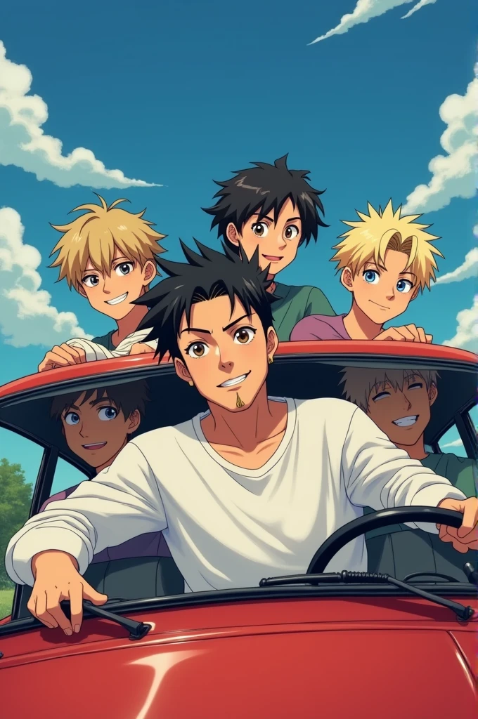A car with five boys, seen from the front , the one driving has black hair with a piercing in his lips, the one next to you has black hair and blue eyes and is wearing a white sweatshirt, the one in the middle of the back seats is very light blond and has blue eyes, the one on your right has blond hair and brown eyes and his left arm is in a cast, and the one on the left has shoulder length hair with some blonde highlights