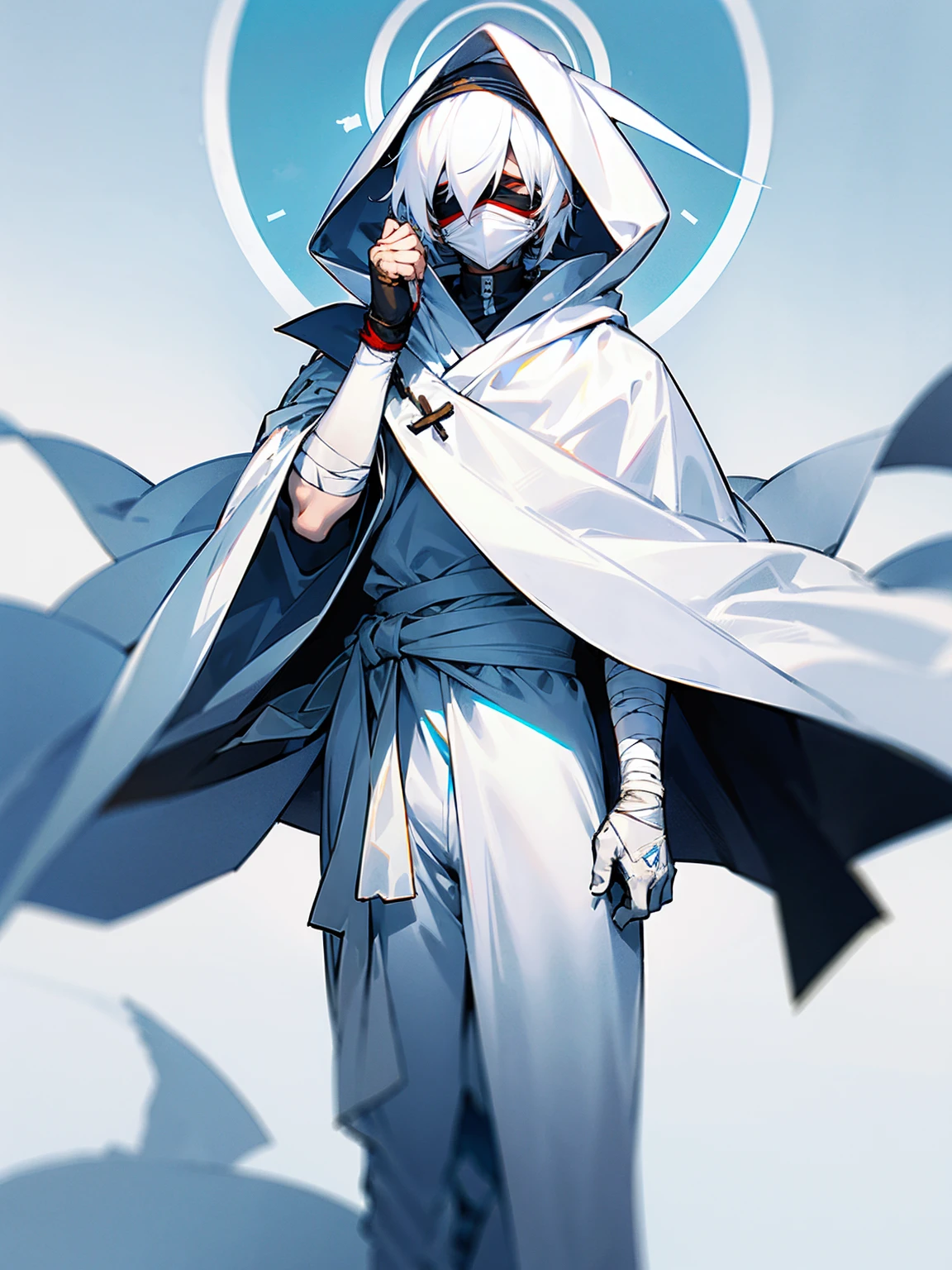 1male, white hair, white mask, white cloak, hood over head, white bandages on arm, white yukata, white sweatpants, tied to waist, blindfold over eyes, serious
