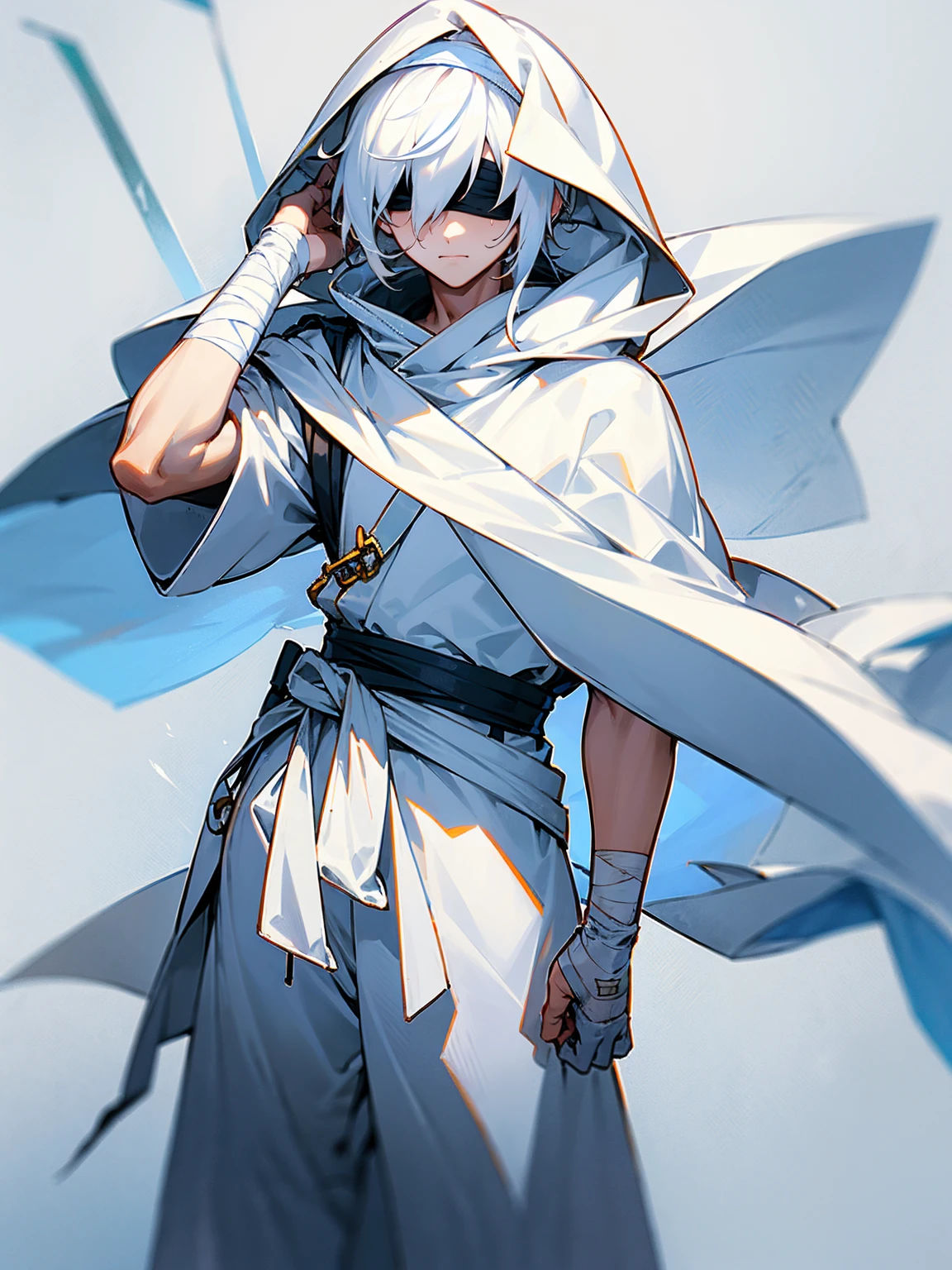 1male, white hair, white mask, white cloak, hood over head, white bandages on arm, white yukata, white sweatpants, tied to waist, blindfold over eyes, serious