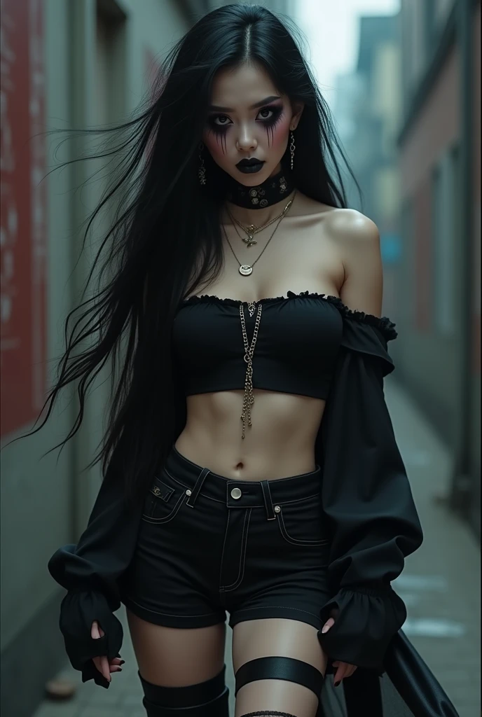 long black hair, douyin makeup black off shoulder 
and black shorts black boots 