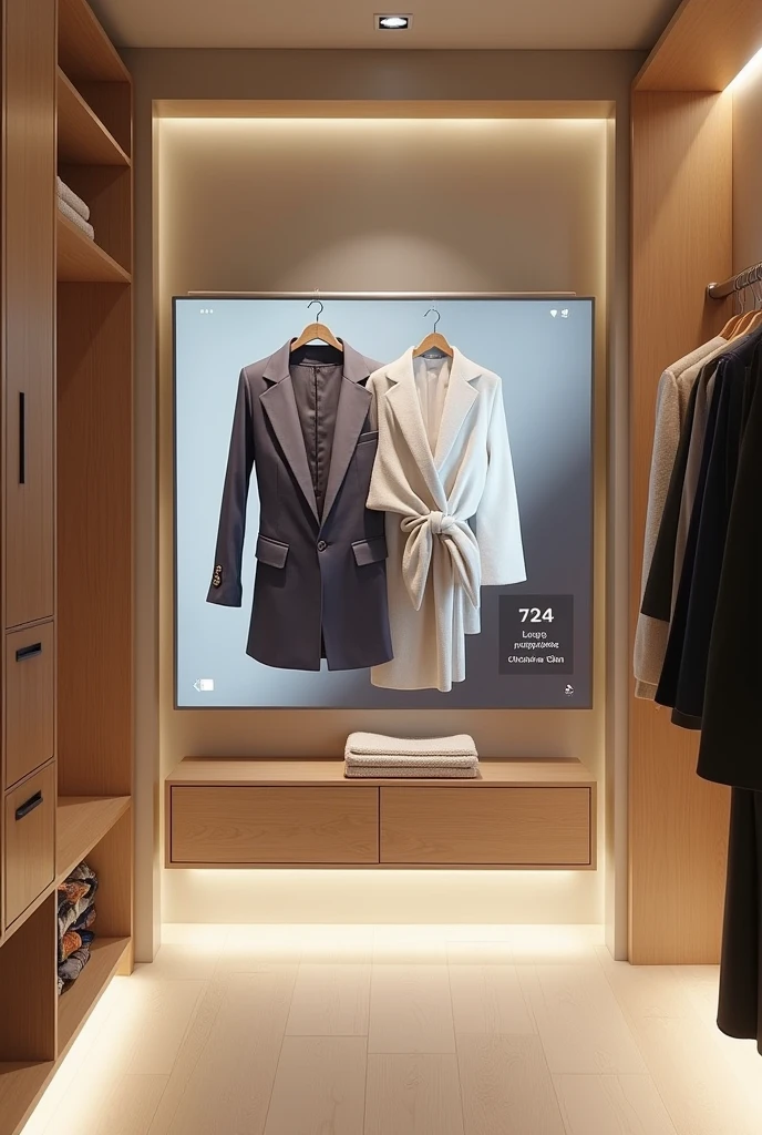Design a small fitting room inside a store and inside the fitting room there must be a smart screen in the image, Screens should be wall mounted or integrated into the fitting room furniture, showing the option to request different sizes or colors without leaving the area. besides, The screens should offer product recommendations based on user preferences and allow shoppers to visualize how different clothing combinations would look. The fitting room environment should look modern and comfortable., with a clean design that integrates the screens in a functional and aesthetically pleasing way. It has to be a clothing fitting room, not a closet