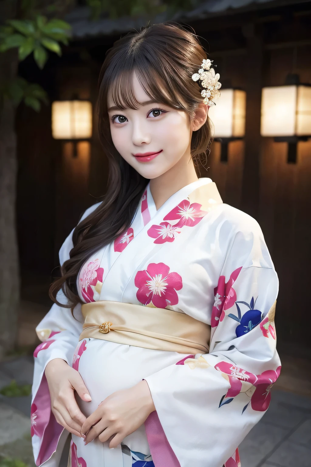 (kimono)、masterpiece、beautiful girl、Beautiful detailed eyes、highest quality, 超A high resolution, (reality: 1.4), Cinema Lighting、(Japanese Girls)、so beautiful、Beautiful Skin、(Looking at the audience)、(Surreal)、(High resolution)、(8k)、(Very detailed)、(Beautiful fine details)、(Very detailed)、 (wallpaper)、Detailed face、Bright lighting、Professional Lighting、Smile, full body.