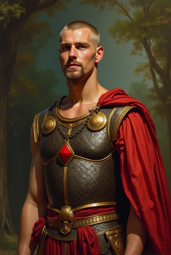  {{Masterpiece, best quality, by John Singer Sargent, full oil painting, muted colors}}, (((((dramatic half body portrait of a 40 years old male ancient Roman soldier, solemn, valiant, tall, upright, brown skin, skinny, blonde, smiling, goatee, buzzcut))))). ((((he is wearing a brown and red, silk, Roman uniform, scale armor lorica, made of sheen alligator leather, with Praetorian inspired elements, ronin inspired elements, wearing a large red diamond shape pendant)))). Jungle background