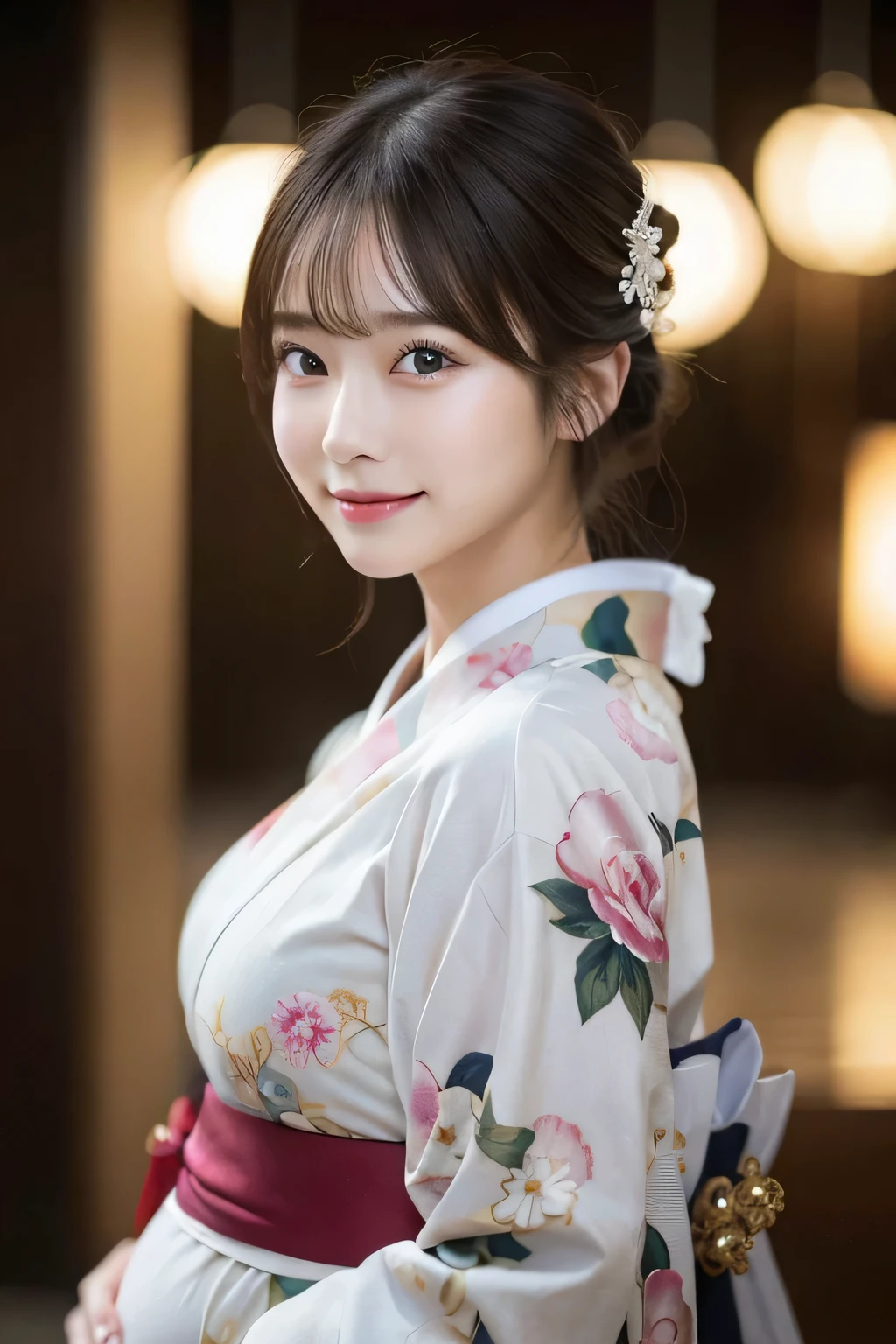 (kimono)、masterpiece、beautiful girl、Beautiful detailed eyes、highest quality, 超A high resolution, (reality: 1.4), Cinema Lighting、(Japanese Girls)、so beautiful、Beautiful Skin、(Looking at the audience)、(Surreal)、(High resolution)、(8k)、(Very detailed)、(Beautiful fine details)、(Very detailed)、 (wallpaper)、Detailed face、Bright lighting、Professional Lighting、Smile, full body.