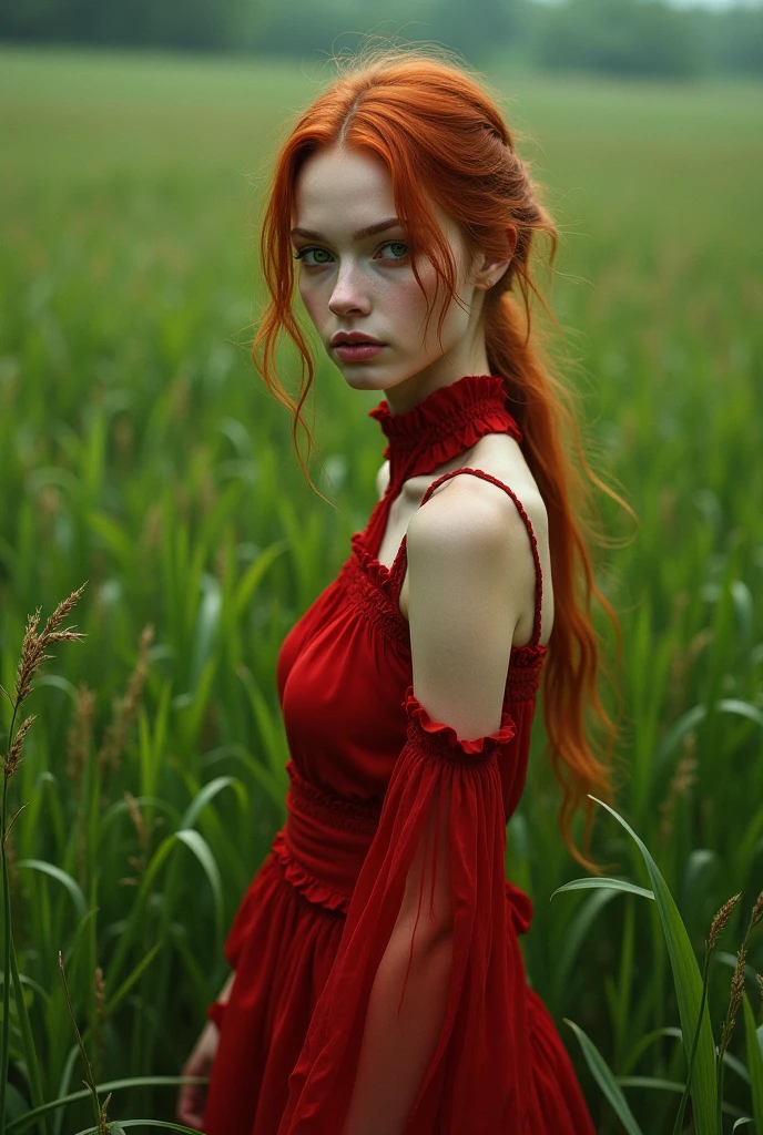 thin woman, loose red hair, thin lips, Brown eyes, bushy eyebrows, no marked jaw, nose with bridge, red high neck dress, in a green field