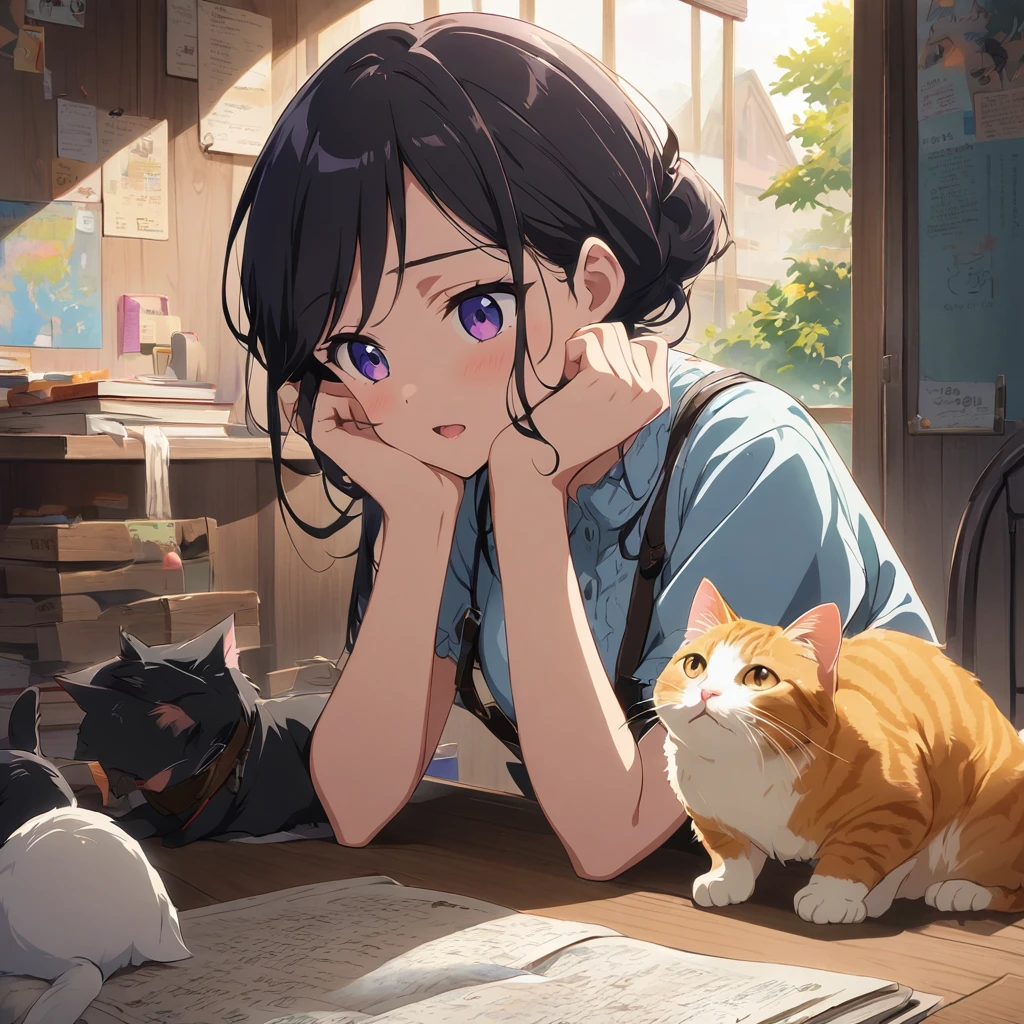 a cat with a girl anime, cat, write