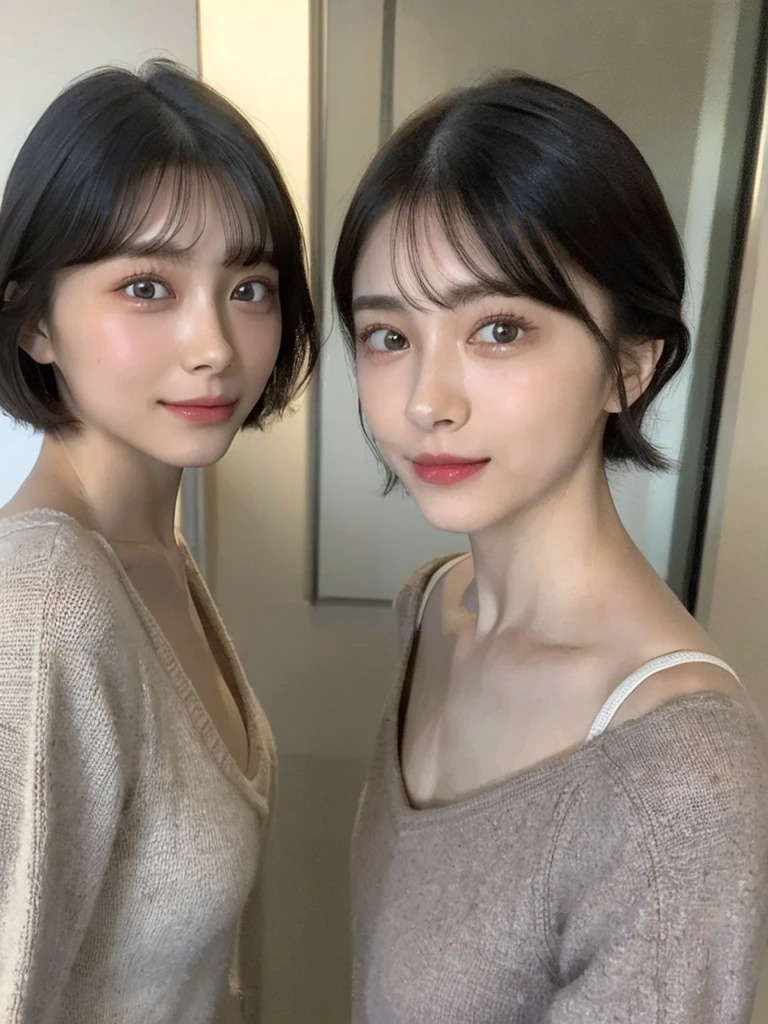 (masterpiece:1.3), (8k, Photoreal, Raw photo, best image quality: 1.4), Japanese high school girl、(random hairstyle:1.2)、cleavage:1.5、super detail face、eye for details、double eyelid、chest to chest、sharp focus:1.2、Beautiful woman:1.4、light brown hair、highest quality、masterpiece、超A high resolution、(Photoreal:1.4)、Highly detailed and professionally lit smiles、loose and light knitwear、shoulder out、thin、serious expression、short haired、deadly position
similar identical twins
All the girls have the exact same face, The two have the same face and figure, as if they were mirror images.