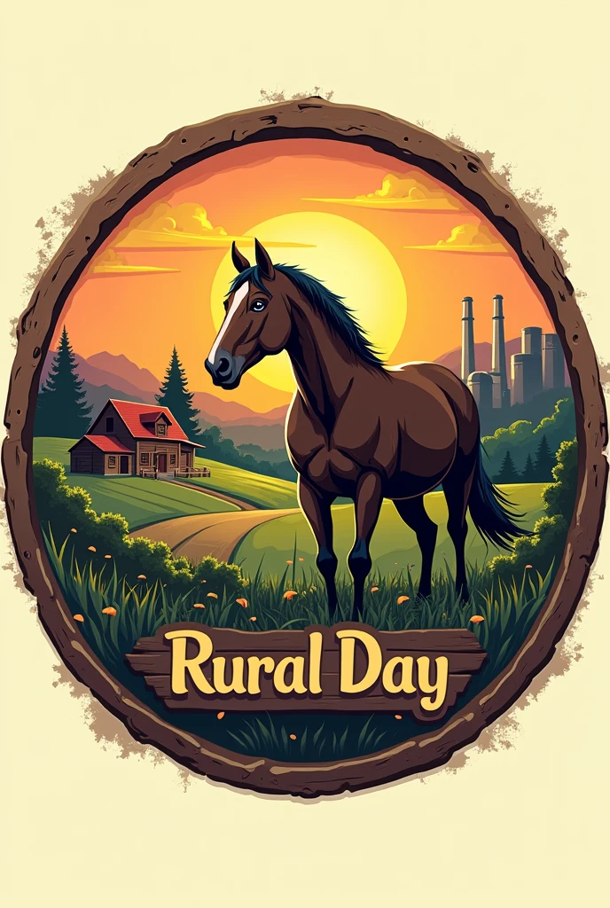 A circular logo with a farm, zaun, a sun behind and a horse in front, name below Rural Day old school style