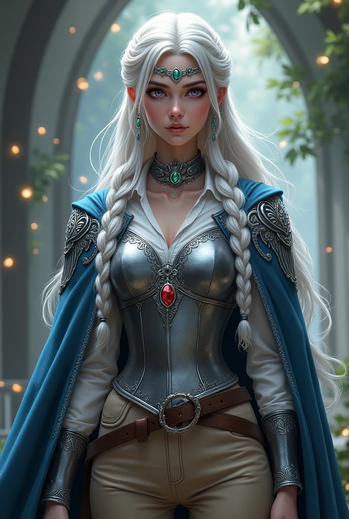 Human sorceress with long white braided hair,lilac colored eyes, wears white shirt and light brown pants with silver breastplate and blue cape with silver embroidery Wears emerald-set silver collar a headband and earrings