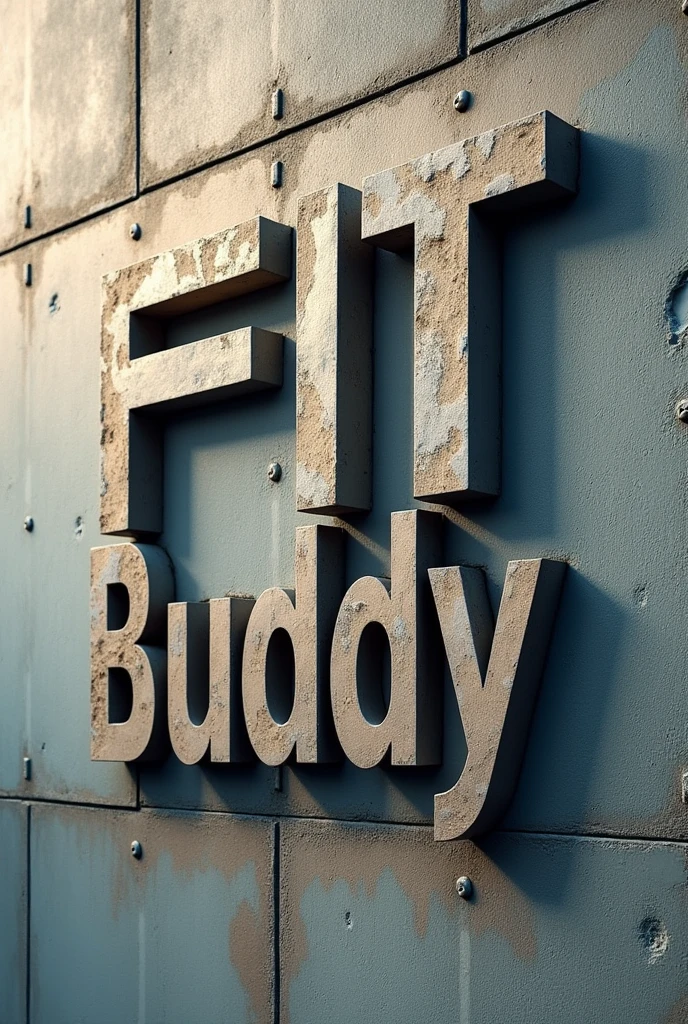 A poster on a deserted exterior wall, Cut into the shape of letters, (text:"FIT Buddy") The word, Big Bold, Draw inside the cutout, BREAK Art that inspires creators to create images, An aesthetic world that unfolds behind the characters, Add text to the bottom of the screen, (text:"Break down the walls of fitness!")