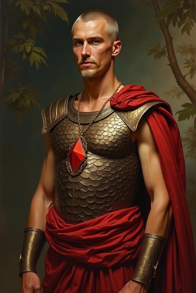 {{Masterpiece, best quality, by John Singer Sargent, full oil painting, muted colors}}, (((((dramatic half body portrait of a 40 years old male ancient Roman Emperor, solemn, valiant, tall, upright, brown skin, skinny, blonde, smiling, goatee, buzzcut))))). ((((he is wearing a brown and red, silk, Roman uniform, scale armor lorica, made of sheen alligator leather, with Praetorian inspired elements, ronin inspired elements, wearing a large red diamond shape pendant)))). Jungle background