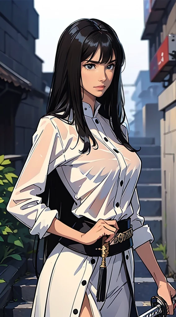 (best quality: 1.2), clean face, (masterpiece: 1.2, 8k) perfect anatomy, 1girl,a beautiful fashion model ,(masterpiece, official art, best quality ,long and shiny hair,, ,Bigchest,Revealing Outfit, Wet straight hair, Sweating profusely,best qualtiy,ultra - detailed,facing at camera,A high resolution,ultra - detailed),Very long hair,Combat posture,Sword in one hand, blunt bangs