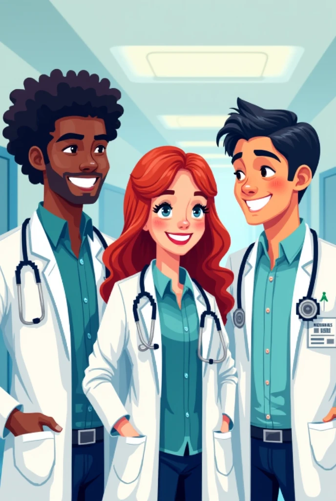 image of a dark-skinned male doctor, with curly hair smiling next to a red-haired female doctor smiling and a Japanese male doctor with straight hair smiling, all in pixels 