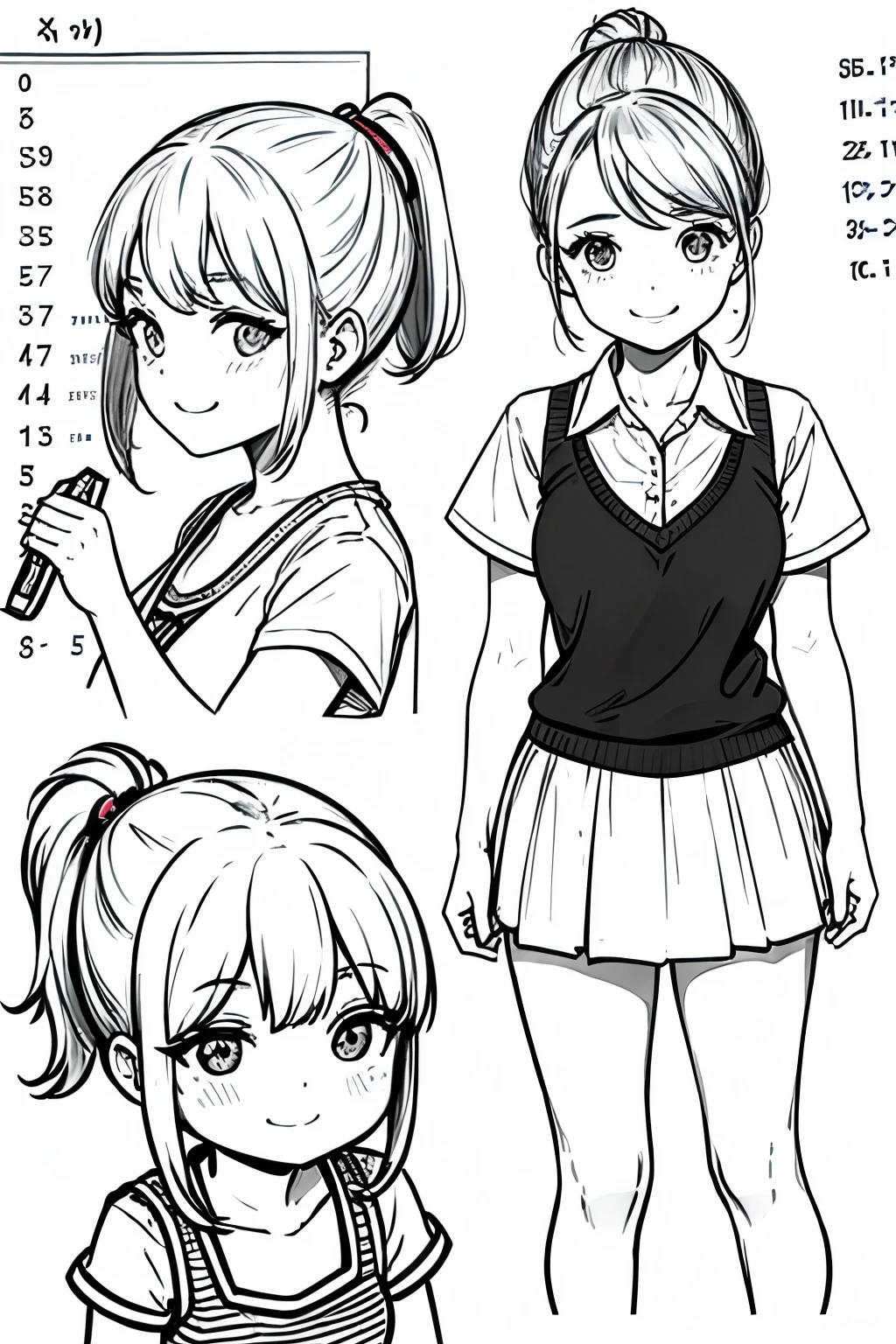 a cute math teacher, smiling, standing, hair tied in ponytail, chibbi doll style