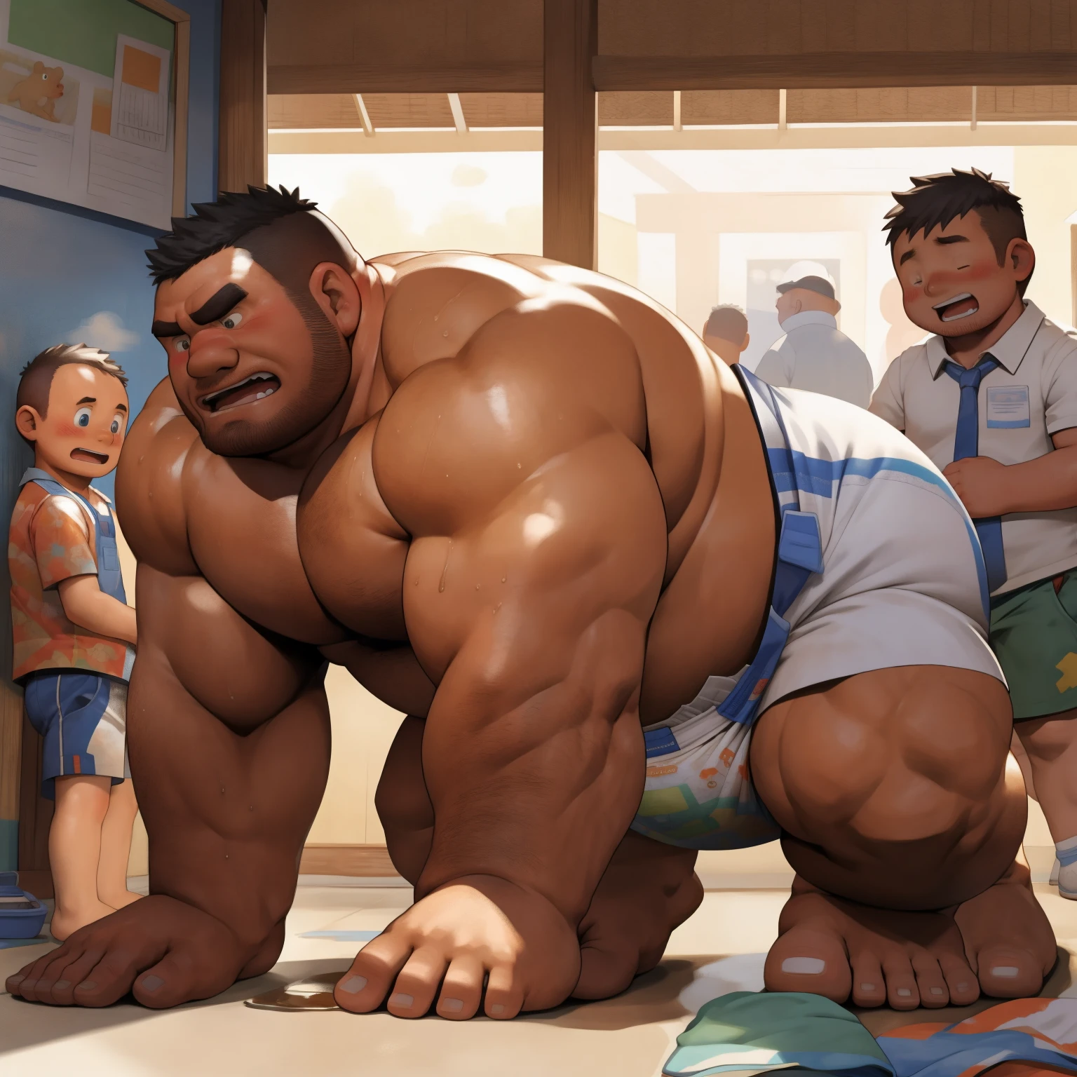 masterpiece, Top quality, in 32K, perfect anatomy, hyper detailed, super fine illustration, The thick man is a brutal retarded prisoner, hairy human, 50yo in Japan, (fatness: 1.0), Fatty muscle, Bowleg, disappointment, incontinent, shy, sissy, Weaker than children, Drool, Round face, be diaper check by children, waddle, There is a small puddle under him, incontinent, Bowleg, spread legs, wear a White cloth Diaper, Bare belly, Bare legs, Bare foots, Bare soles, Shirtless, wide forehead and short thinning hair, Man with round face with stubble, Bare foots, Bare soles, He enters nursery school and is despised by children, He surrounded by children, His bottom is wet, Bare foots, big butt, he is scolded by the children, White Diaper, He surrounded by children, sobbing, wear a White cloth Diaper, shirtless, There is a small puddle under him, He enters nursery school and is despised by children, big butt, sobbing, He crawling to go to children, on all fours, side view