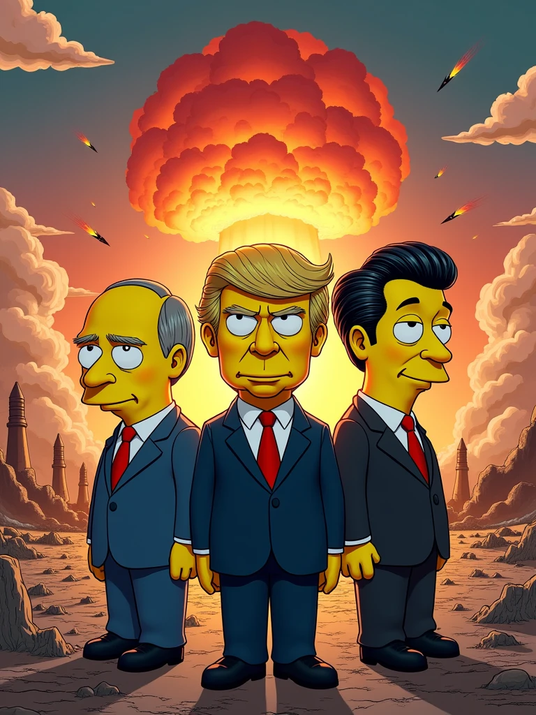 Vladimir Putin, Donald Trump and Chinese president Xi on apocalyptic background with nuclear weapons, bomb, Simpsons style, epic, yellow skin, 8k, 16x9