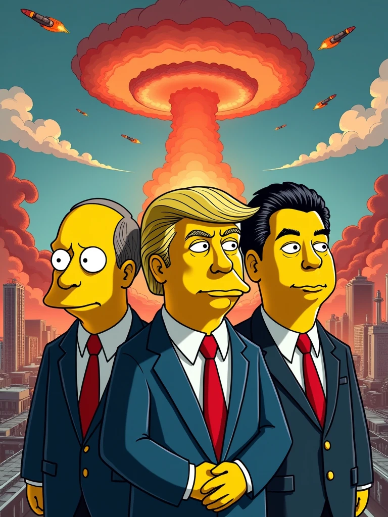Vladimir Putin, Donald Trump and Chinese president Xi on apocalyptic background with nuclear weapons, bomb, Simpsons style, epic, yellow skin, 8k, 16x9
