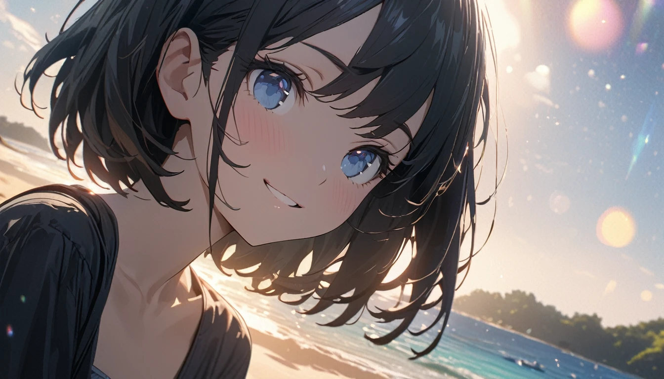 ((ultra-detailed))/ (one women with short black hair and bob hair.、beautiful blue eyes,.、smile、gentle smile on her face、flat chest, one Beautiful girl,((masterpiece, illustration, best quality) ((ultra-detailed))/), on a tropical island beach ,濃い青とBeautiful Blueのグラデーション, High resolution, 8K HD detail, hyper-detail, cinematic, surrealism, soft light, deep field focus bokeh, ray tracing and surrealism. --v6