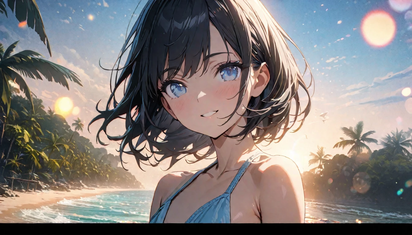 ((ultra-detailed))/ (one women with short black hair and bob hair.、beautiful blue eyes,.、smile、gentle smile on her face、flat chest, one Beautiful girl,((masterpiece, illustration, best quality) ((ultra-detailed))/), on a tropical island beach ,濃い青とBeautiful Blueのグラデーション, High resolution, 8K HD detail, hyper-detail, cinematic, surrealism, soft light, deep field focus bokeh, ray tracing and surrealism. --v6