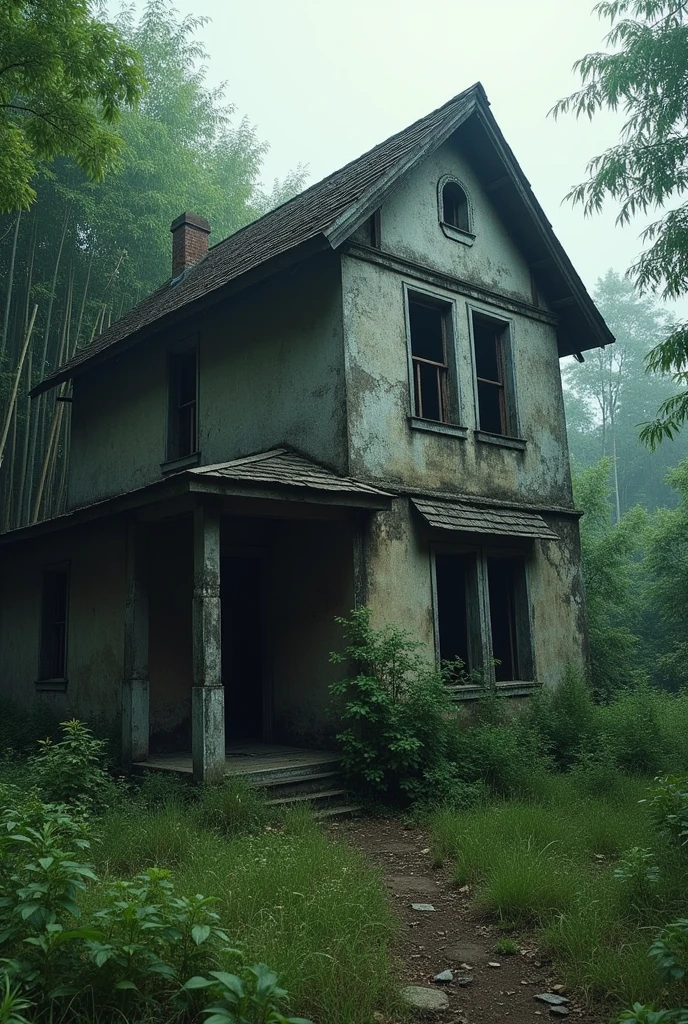 An abandoned house, all broken. with bamboo plantation at the back of the house. And a ghost looking out, in one of the windows.