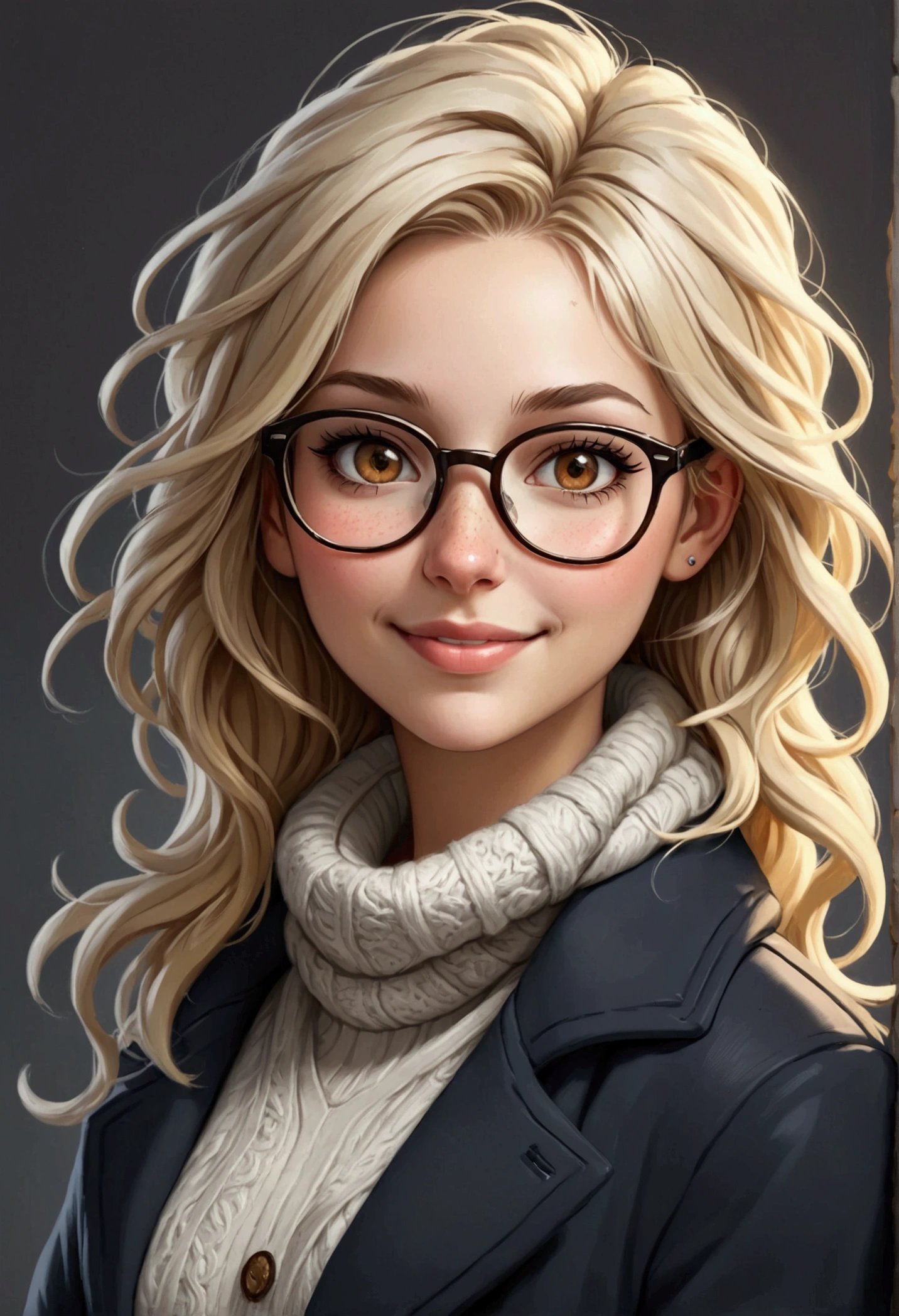 A beautiful white skinned girl, with cold clothes, wearing glasses, hair with blonde highlights, Grinning, brown eyes and pierced nose